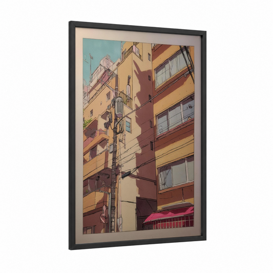 Urban Geometry framed abstract architecture print — black wood frame — mustard and russet palette