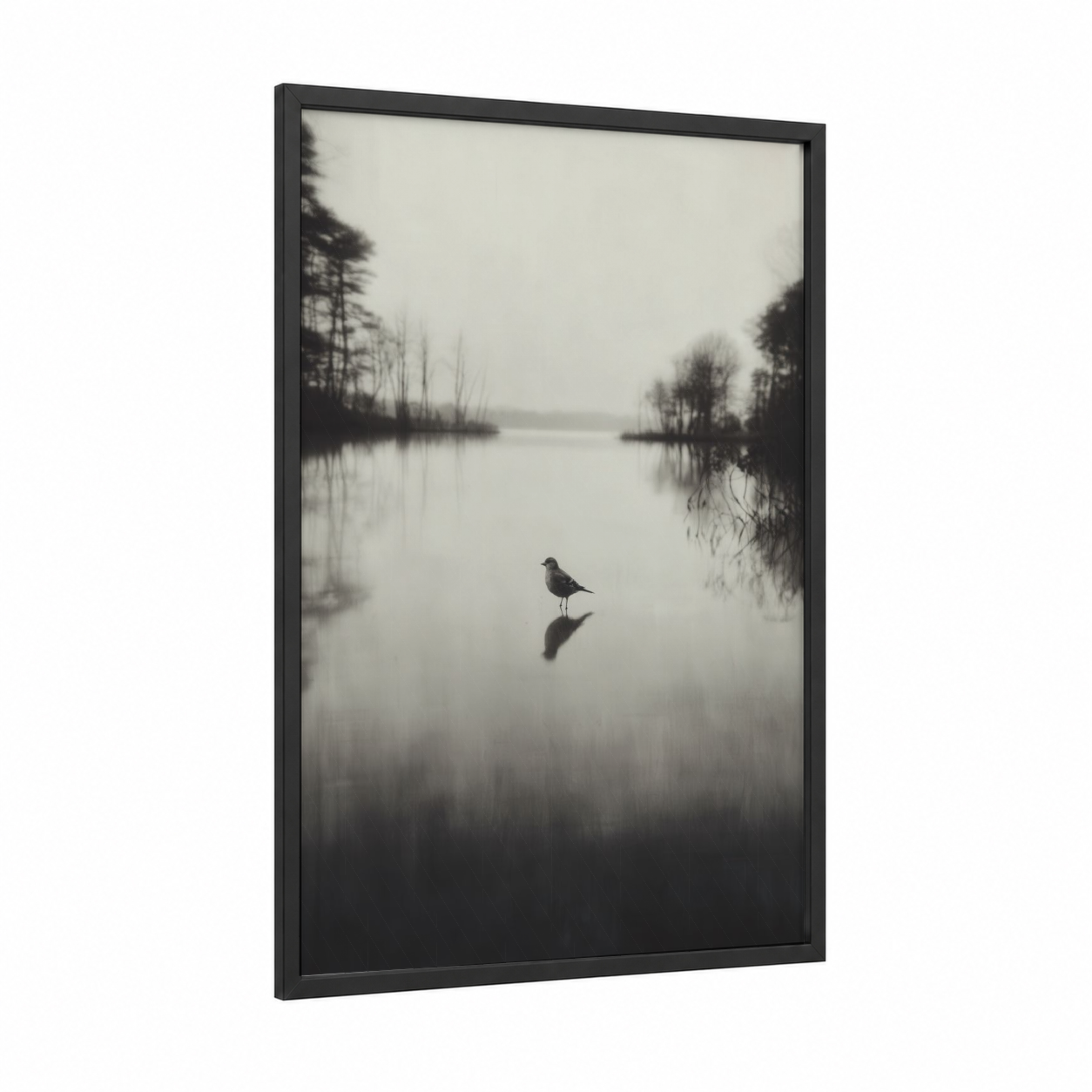 Solitary Finch framed art print — black wood frame — black and white and dove gray palette