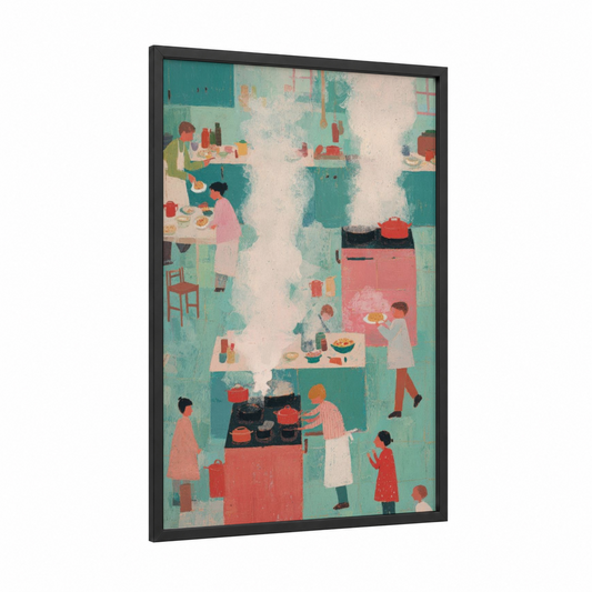 Communal Kitchen Gathering framed thanksgiving print — black wood frame — teal and salmon pink palette