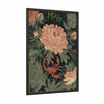 Scorpio Zodiac framed art print — black wood frame — salmon pink and dark green palette