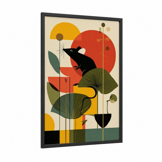 Curious Meadow Mouse framed mice print — black wood frame — gold and red palette