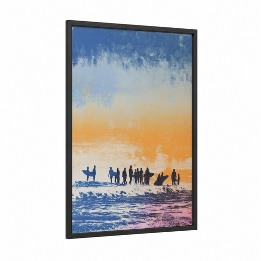 Sunset Surfers framed surfing print — black wood frame — blue and orange palette