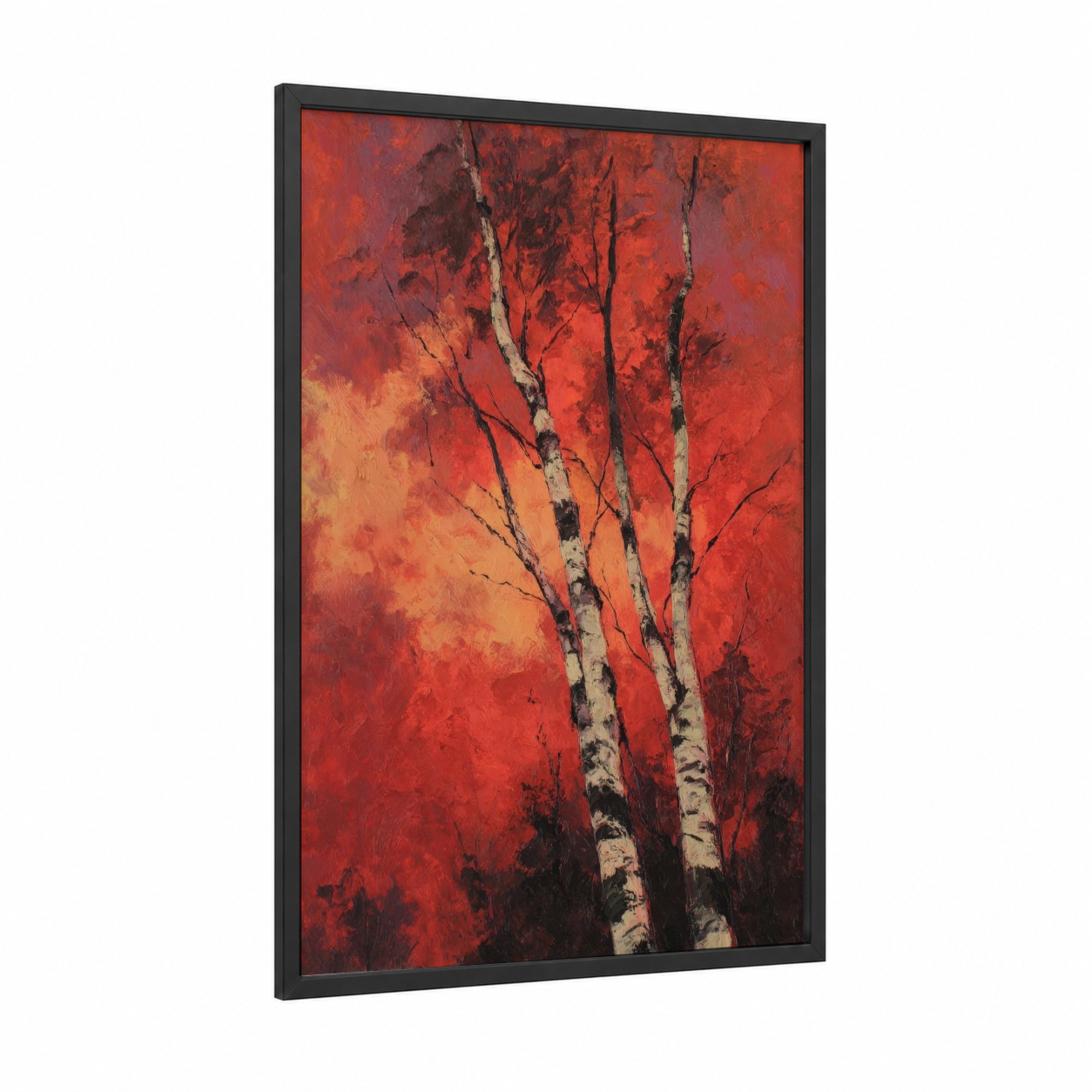 Crimson Birch Trees framed art print — black wood frame — red and gold palette