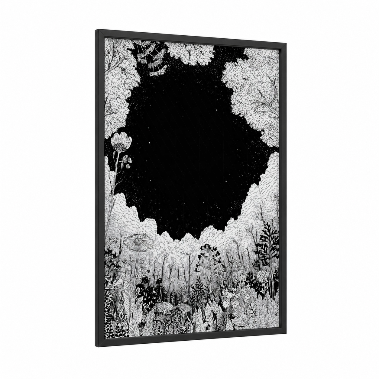 Starlit Meadow framed night sky print — black wood frame — black and white palette