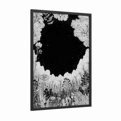 Starlit Meadow framed night sky print — black wood frame — black and white palette