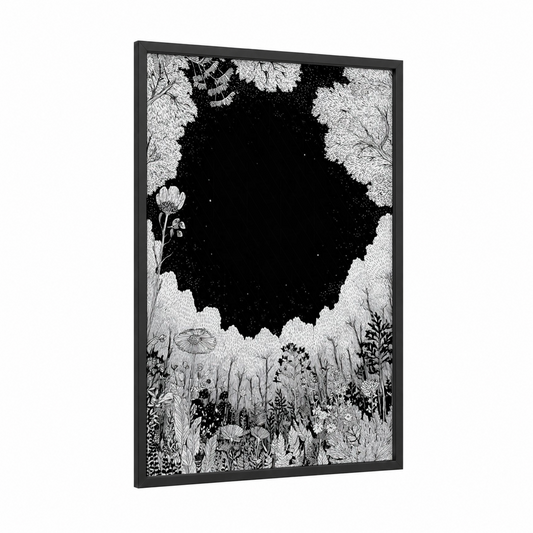 Starlit Meadow framed night sky print — black wood frame — black and white palette