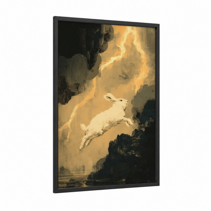 Leaping White Rabbit framed art print — black wood frame — gold and black palette
