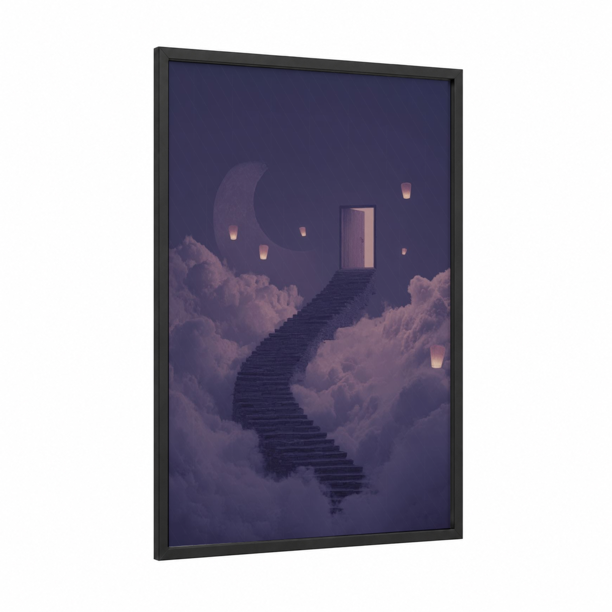 Celestial Gateway framed fairytale print — black wood frame — purple and peach palette