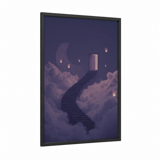 Celestial Gateway framed fairytale print — black wood frame — purple and peach palette