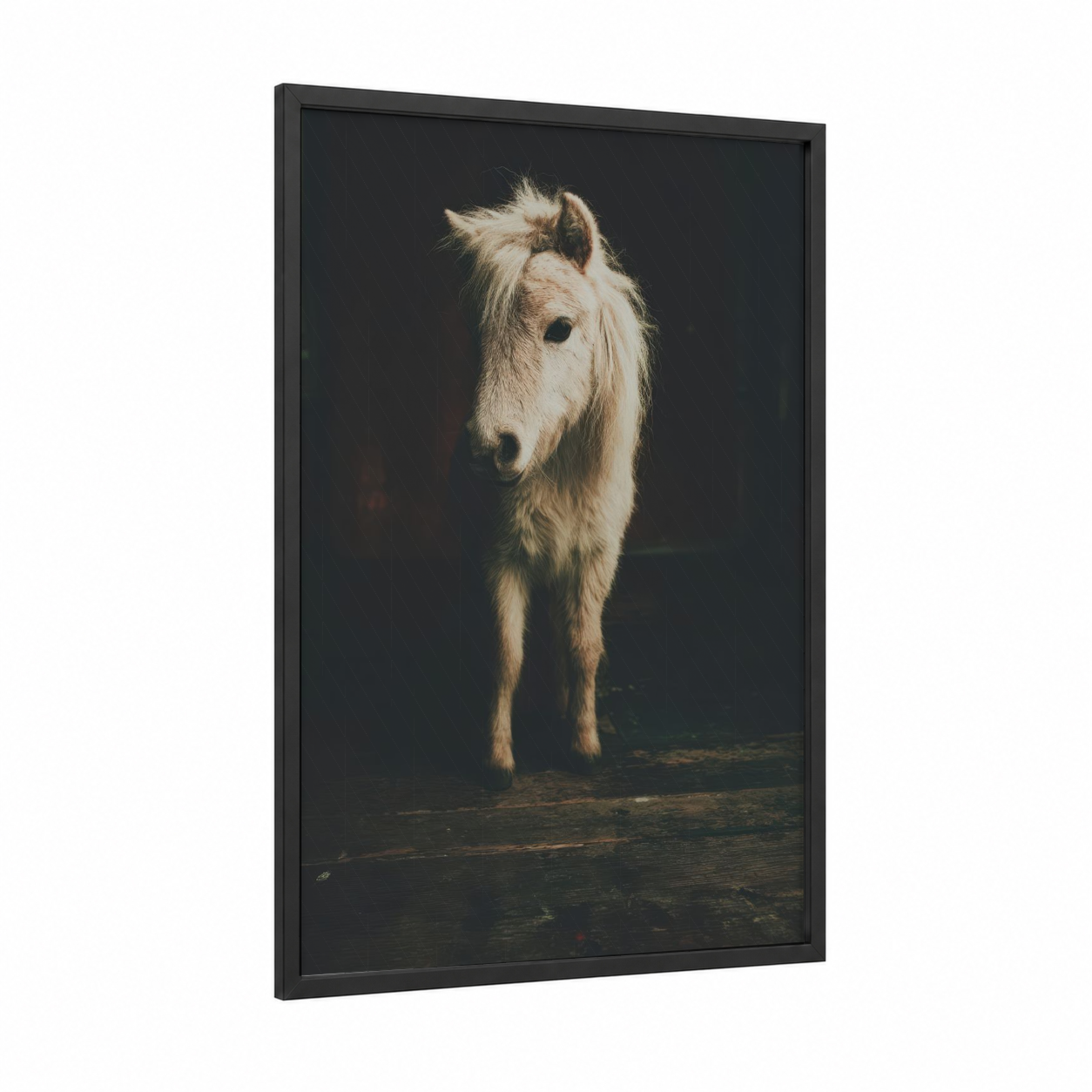 Golden Miniature Horse framed art print — black wood frame — gold and black palette