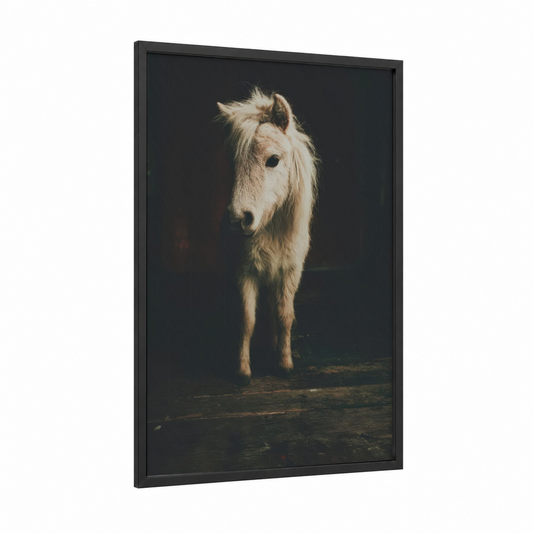 Golden Miniature Horse framed art print — black wood frame — gold and black palette