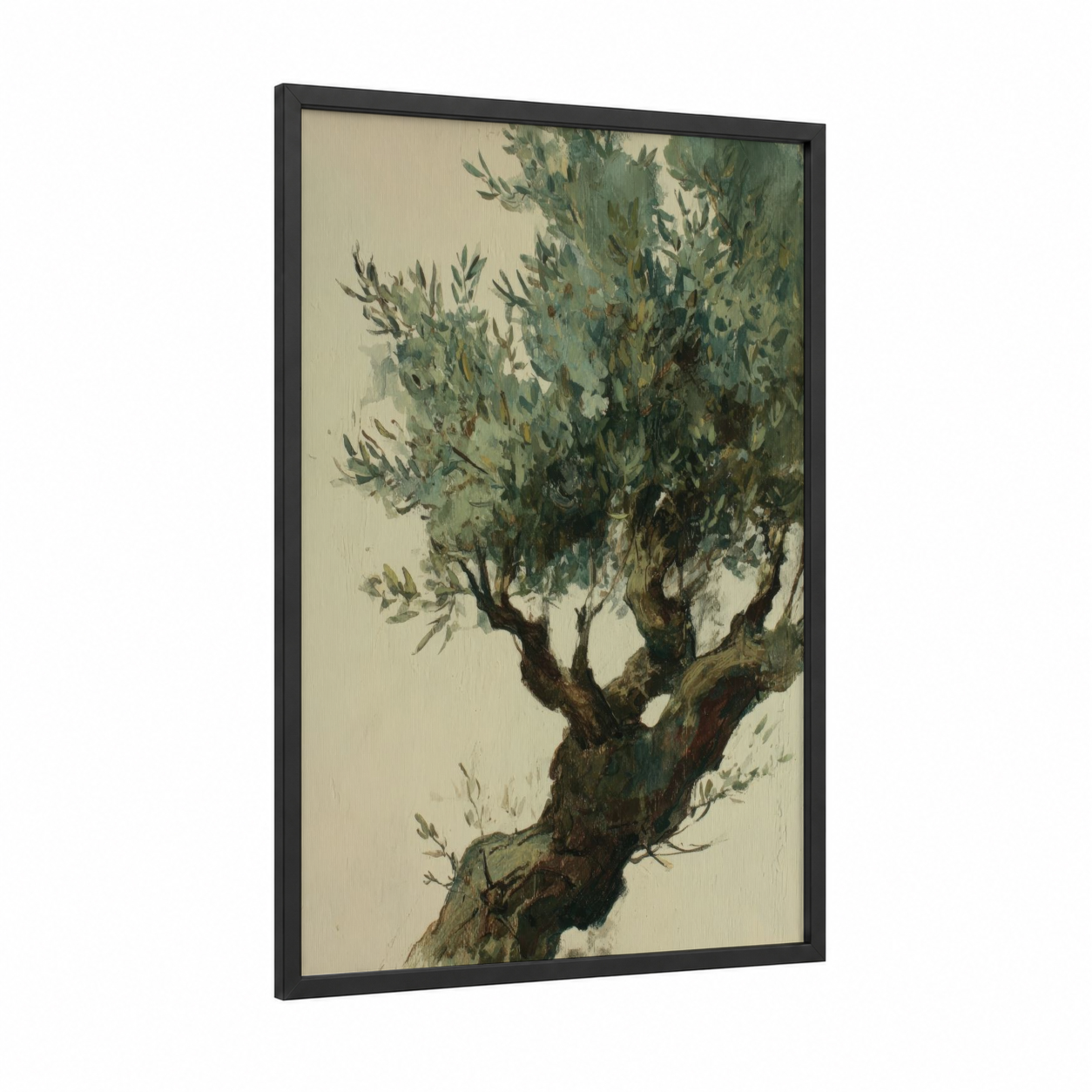 Gnarled Olive Tree framed art print — black wood frame — sage green and beige palette