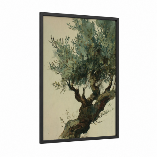 Gnarled Olive Tree framed art print — black wood frame — sage green and beige palette