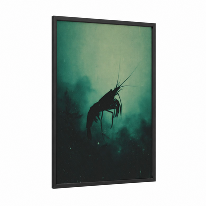 Twilight Shrimp framed art print — black wood frame — teal and black palette