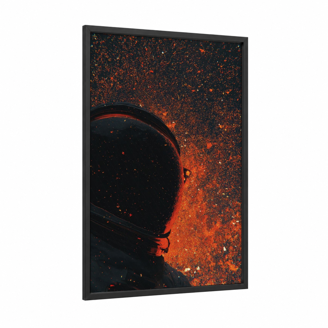 Fiery Astronaut framed art print — black wood frame — red and black palette