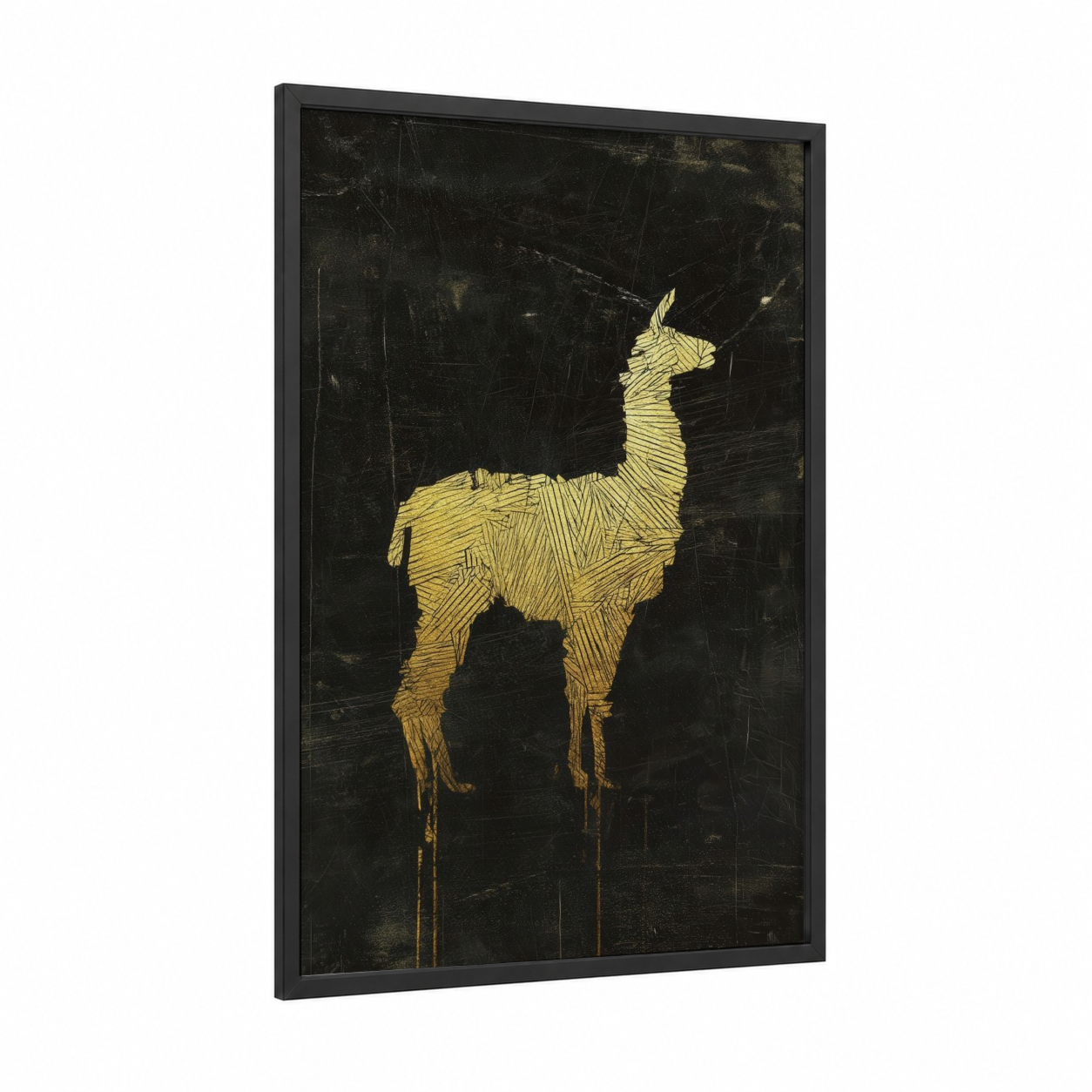 Golden Llama framed art print — black wood frame — gold and black palette