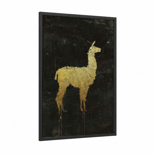 Golden Llama framed art print — black wood frame — gold and black palette