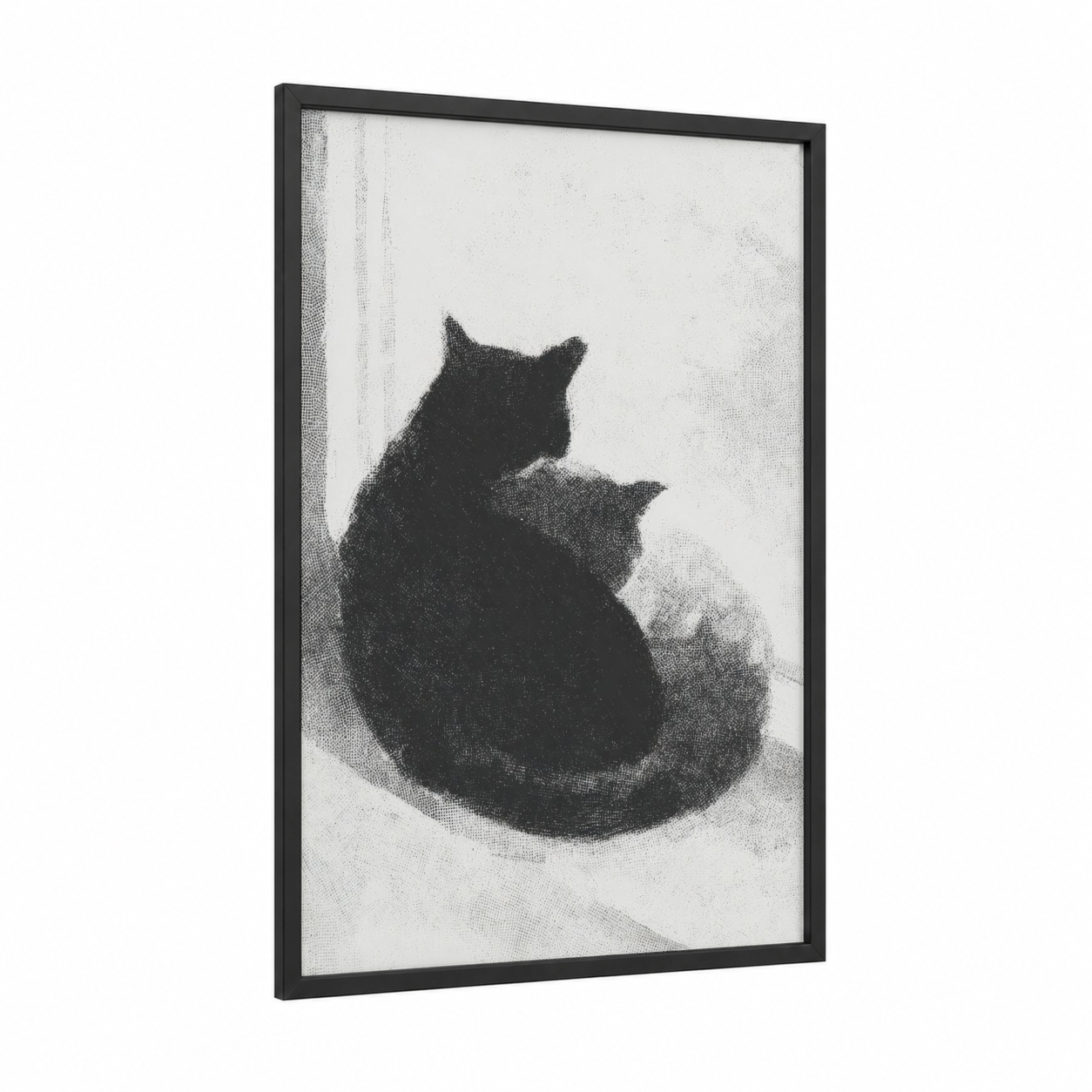Cozy Cat Embrace framed animals in love print — black wood frame — black and white and gray palette