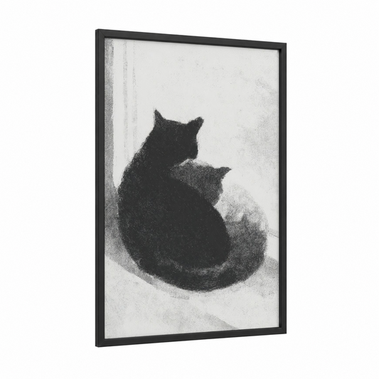 Cozy Cat Embrace framed animals in love print — black wood frame — black and white and gray palette