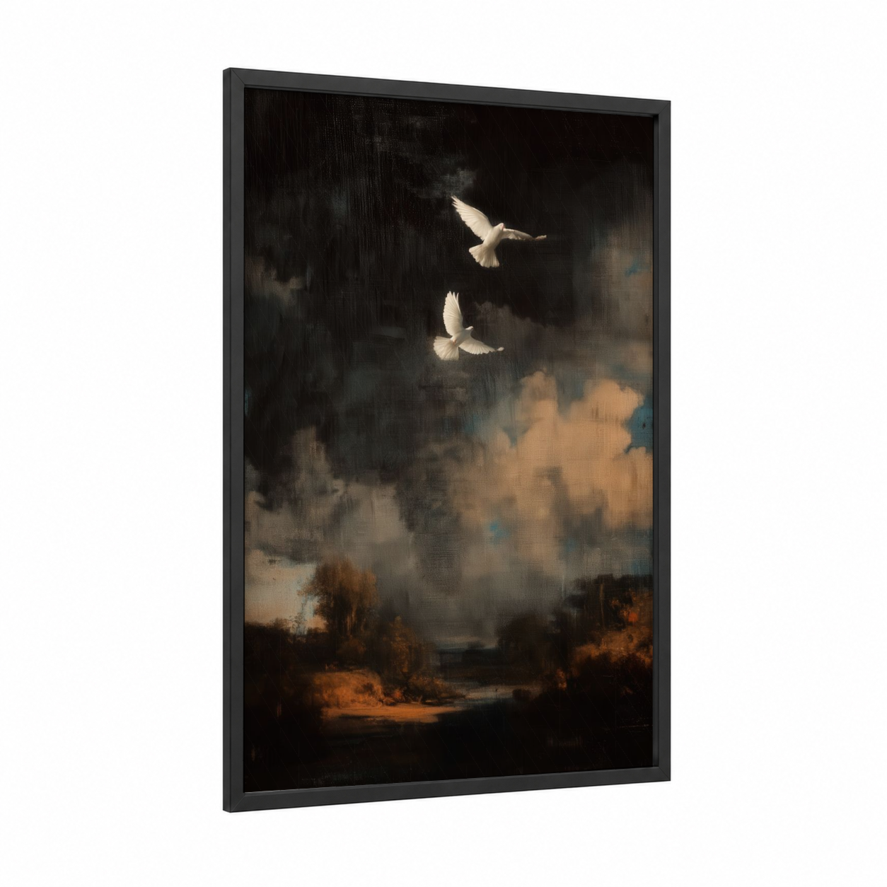 Ethereal Doves Ascending framed art print — black wood frame — black and white and gold palette