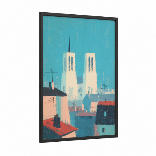 Turquoise Paris Cathedral framed notre dame print — black wood frame — turquoise and cream palette