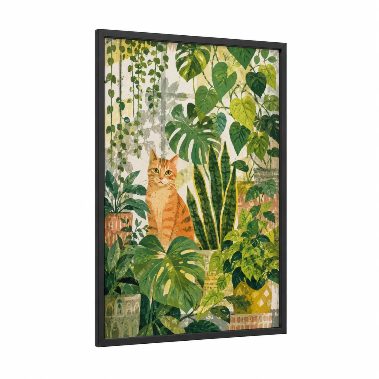 Orange Cat In Tropical Garden Wall Art framed art print — black wood frame — green and yellow palette