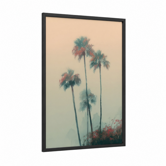Misty Palm Trio framed palm tree print — black wood frame — teal and peach palette