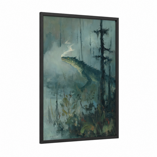 Misty Basilisk framed art print — black wood frame — teal and dove gray palette