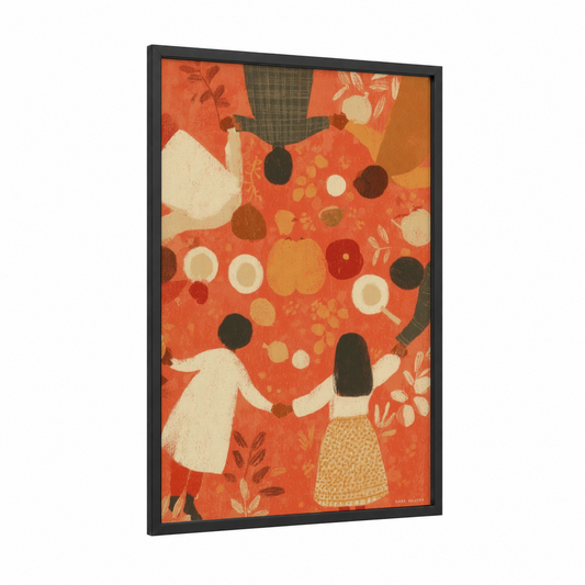 Harvest Gathering framed thanksgiving print — black wood frame — orange and cream palette