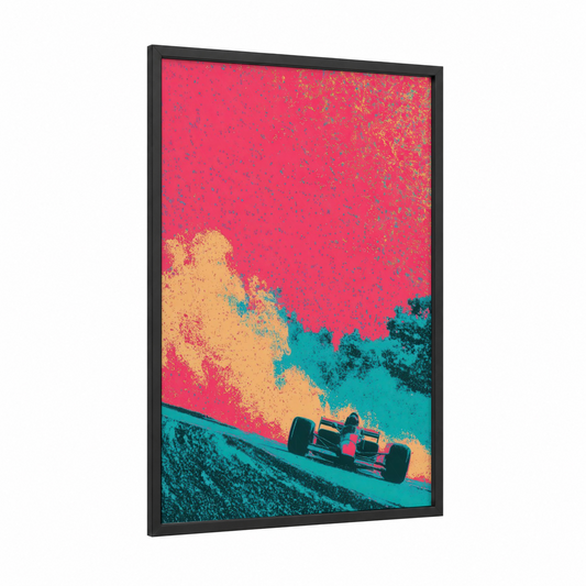 Neon Racing framed auto racing print — black wood frame — magenta and turquoise palette