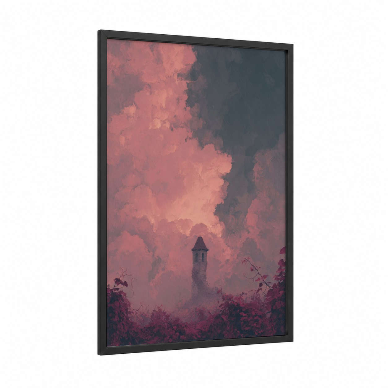 Misty Tower Dawn framed towers print — black wood frame — salmon pink and gray palette