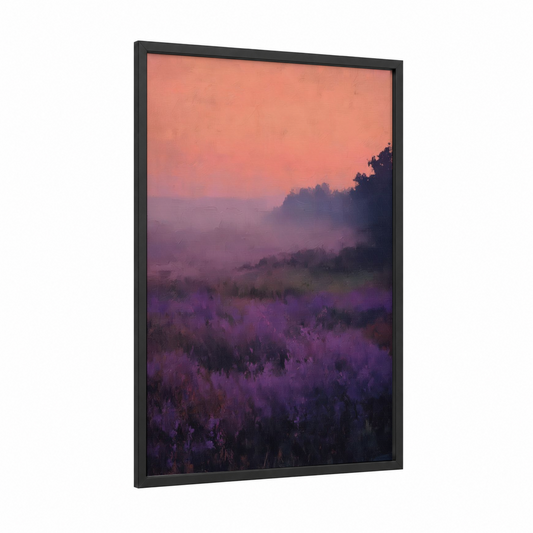 Misty Lavender Dawn framed art print — black wood frame — purple and peach palette