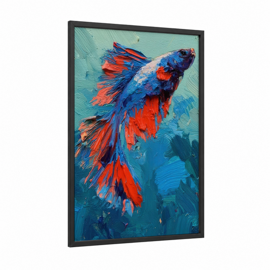 Crimson Betta Dance framed fighting fish print — black wood frame — blue and red palette