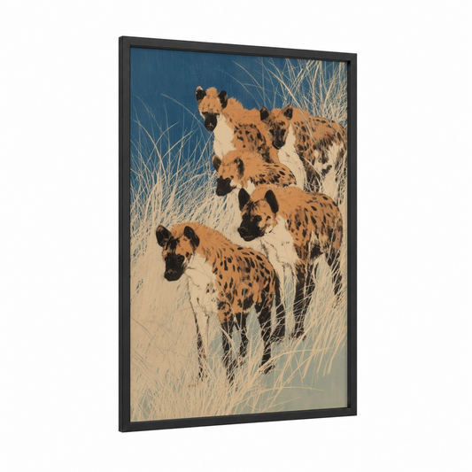 Savanna Hyena Clan framed art print — black wood frame — blue and gold palette