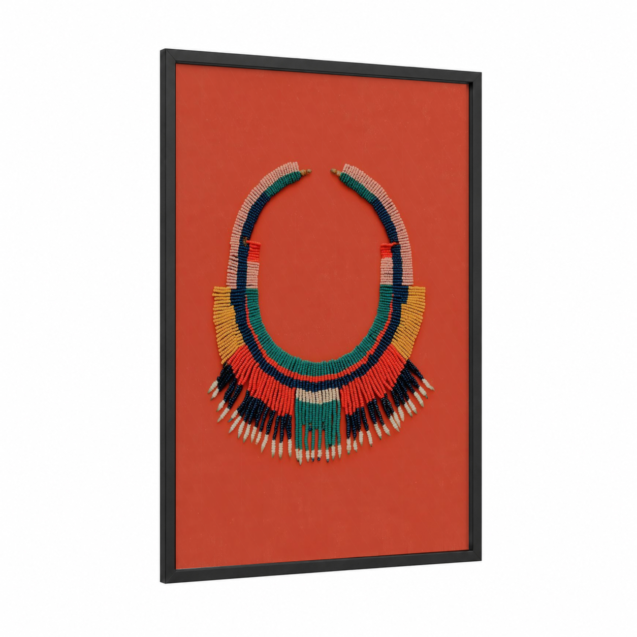 Beaded Statement Collar framed accessories print — black wood frame — red and teal palette