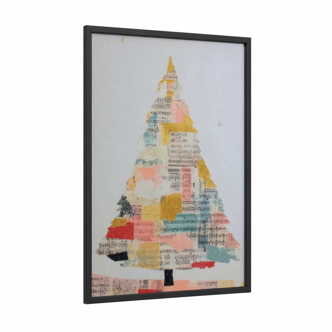 Festive Music Tree framed christmas print — black wood frame — gold and salmon pink palette