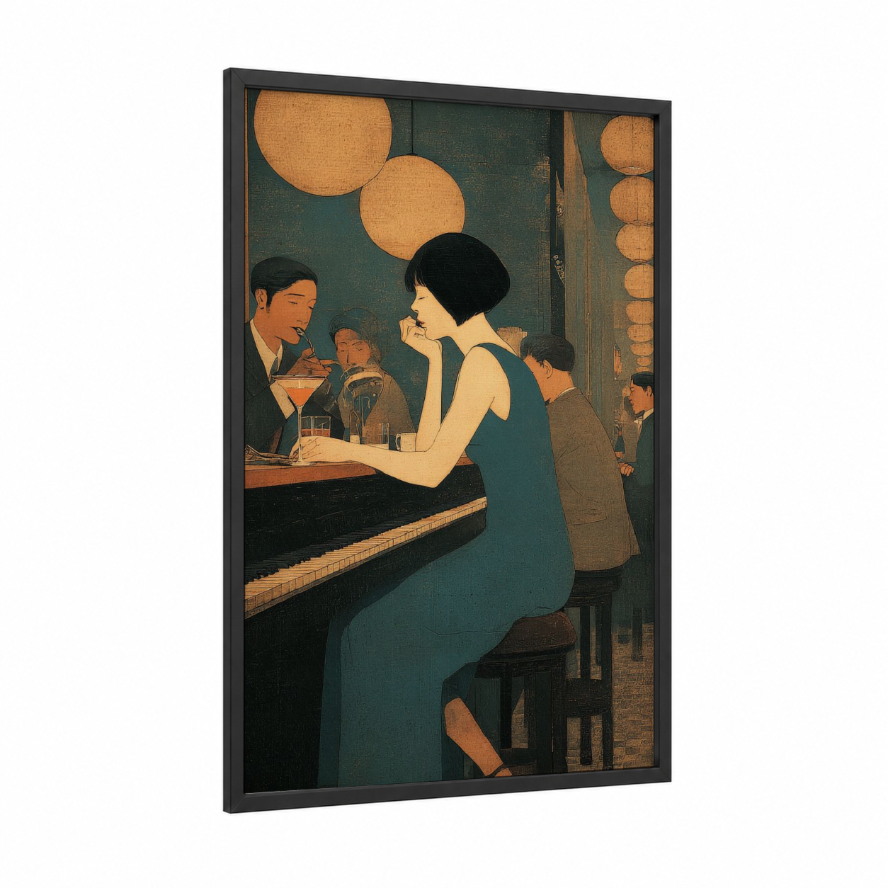 Elegant Nightlife framed vintage japanese ads print — black wood frame — teal and gold palette
