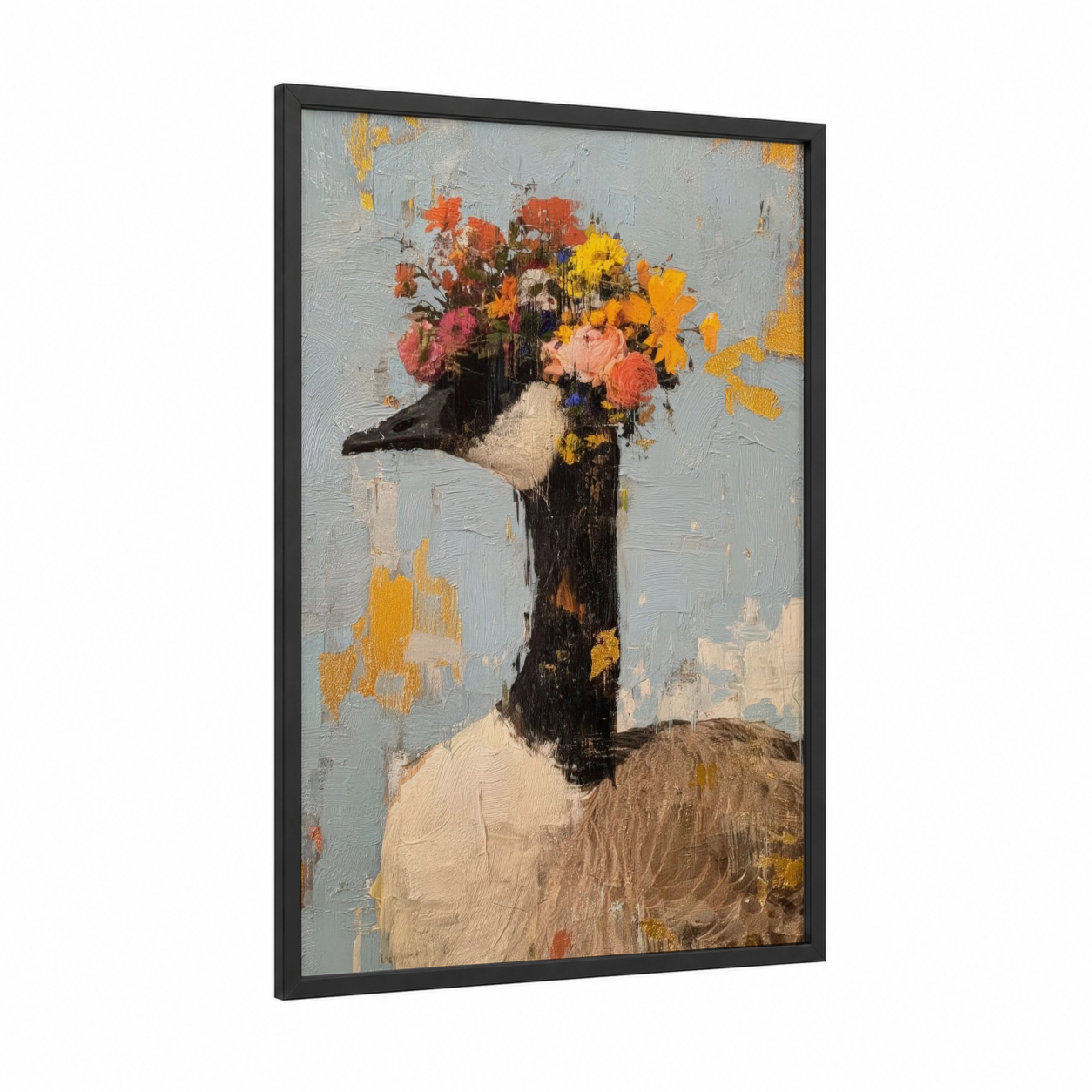 Floral Goose framed geese print — black wood frame — gold and peach palette