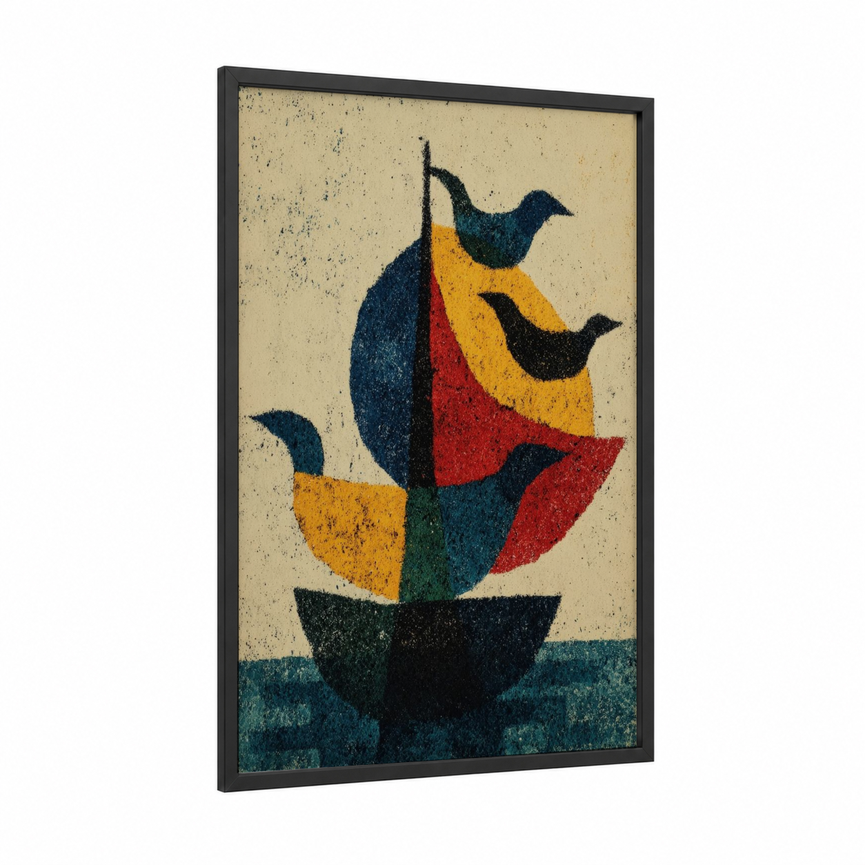 Colorful Sailing Ship framed art print — black wood frame — gold and blue palette