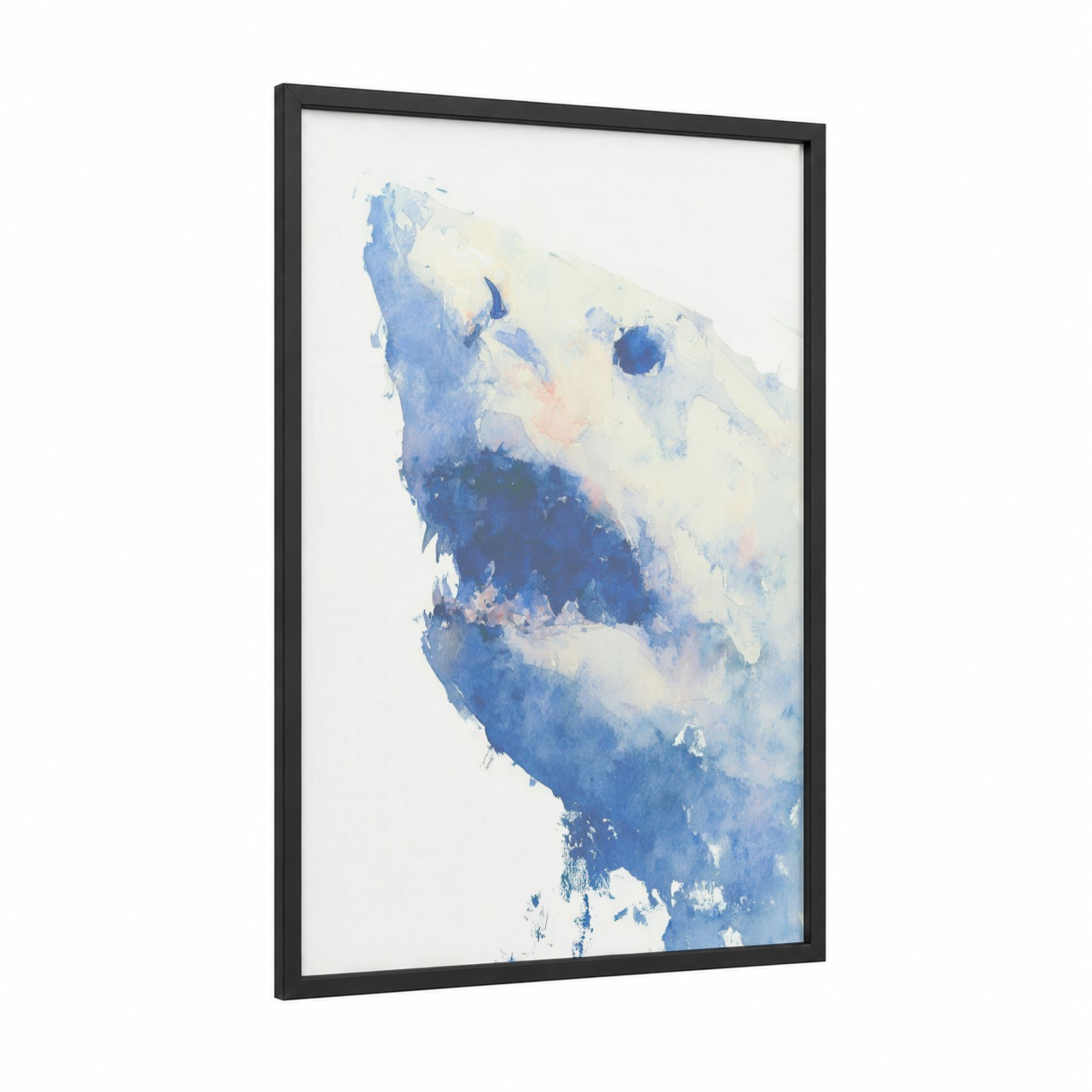 Arctic Shark framed sand tiger shark print — black wood frame — blue and white palette