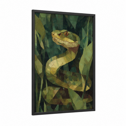 Garden Viper framed art print — black wood frame — olive and dark green palette