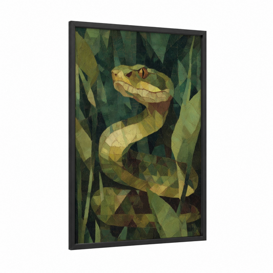 Garden Viper framed art print — black wood frame — olive and dark green palette