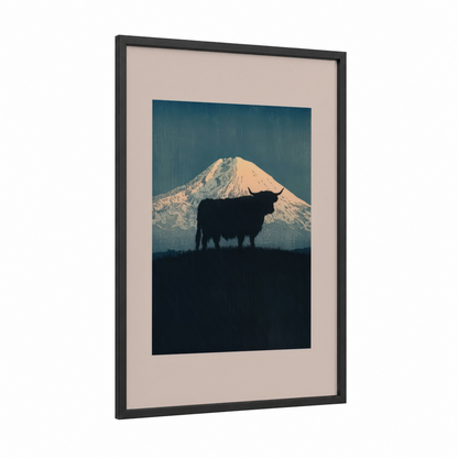 Snowy Highland Majesty framed highland cow print — black wood frame — dark blue and white palette