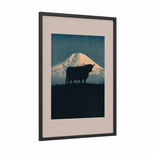 Snowy Highland Majesty framed highland cow print — black wood frame — dark blue and white palette