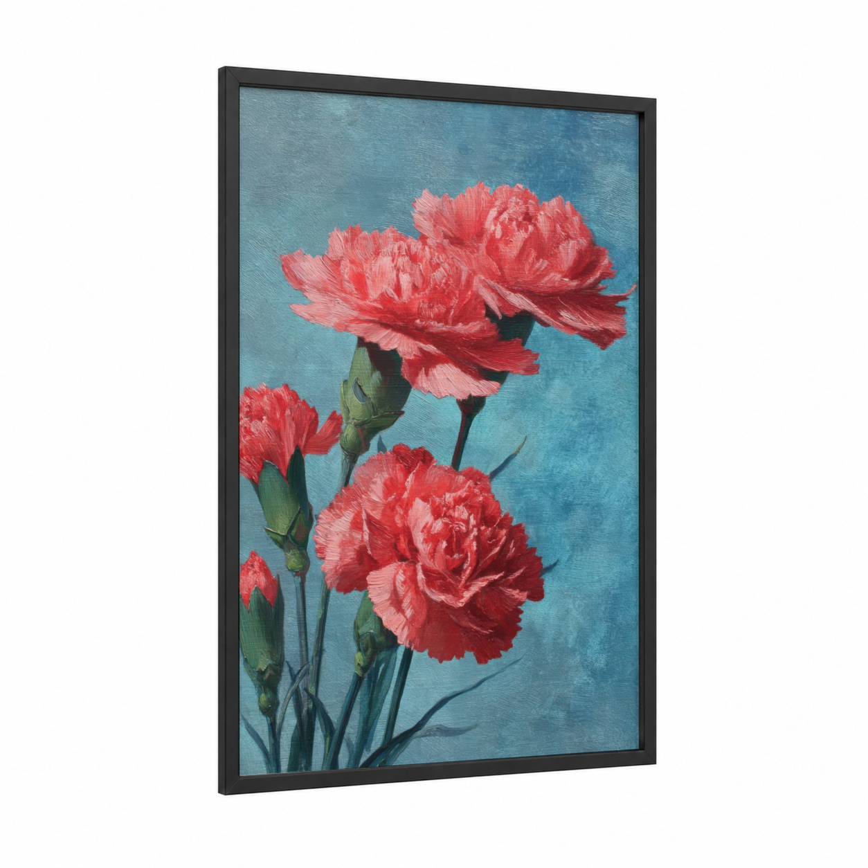 Coral Carnations framed art print — black wood frame — red and teal palette