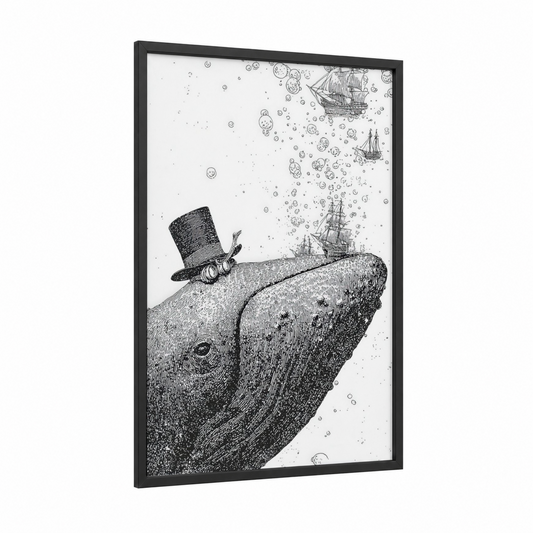 Whimsical Whale framed sperm whale print — black wood frame — black and white palette