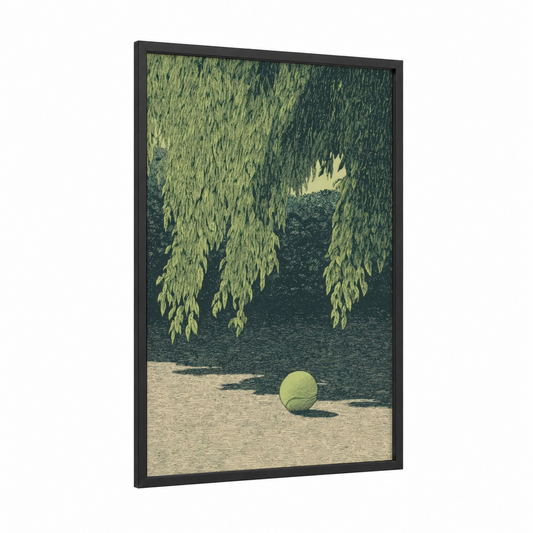 Willow Court Tennis framed art print — black wood frame — light green and sage green palette