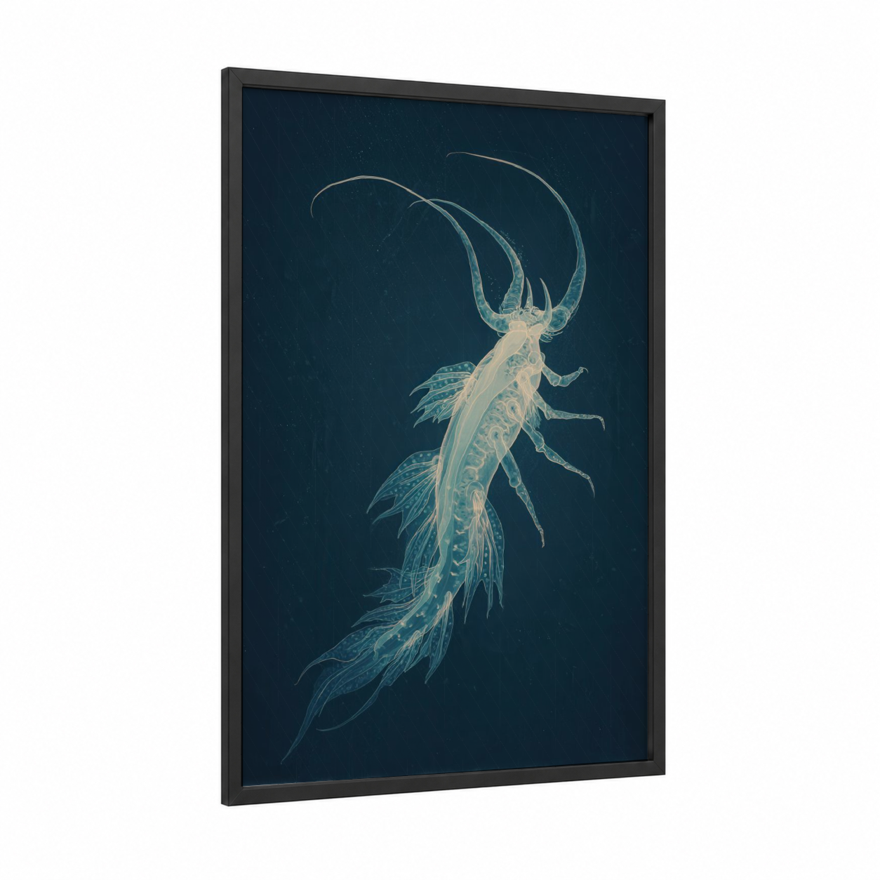 Ethereal Nudibranch framed art print — black wood frame — dark blue and cream palette
