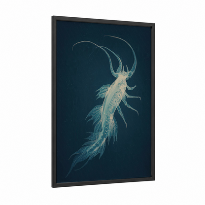 Ethereal Nudibranch framed art print — black wood frame — dark blue and cream palette
