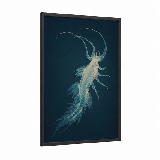 Ethereal Nudibranch framed art print — black wood frame — dark blue and cream palette